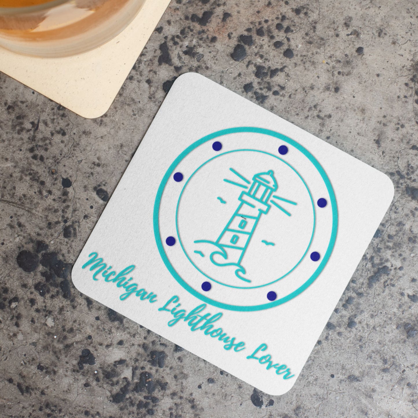 Michigan Lighthouse Lover Cork Coaster - Aqua/White