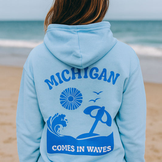 Waves.Wonder.Water Michigan Hoodie - Light Blue