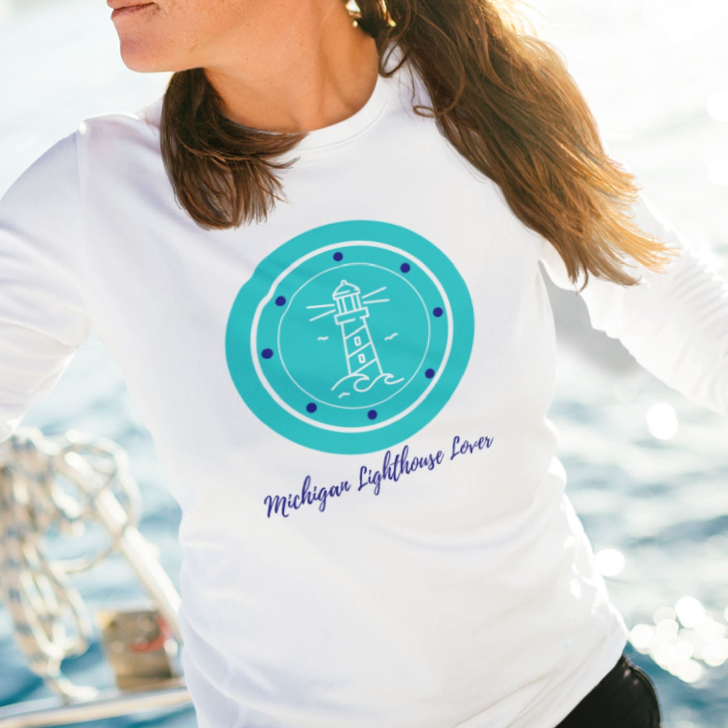 Michigan Lighthouse Lover Long Sleeve T-Shirt - Aqua/White
