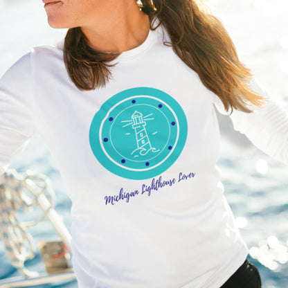 Michigan Lighthouse Lover Long Sleeve T-Shirt - Aqua/White